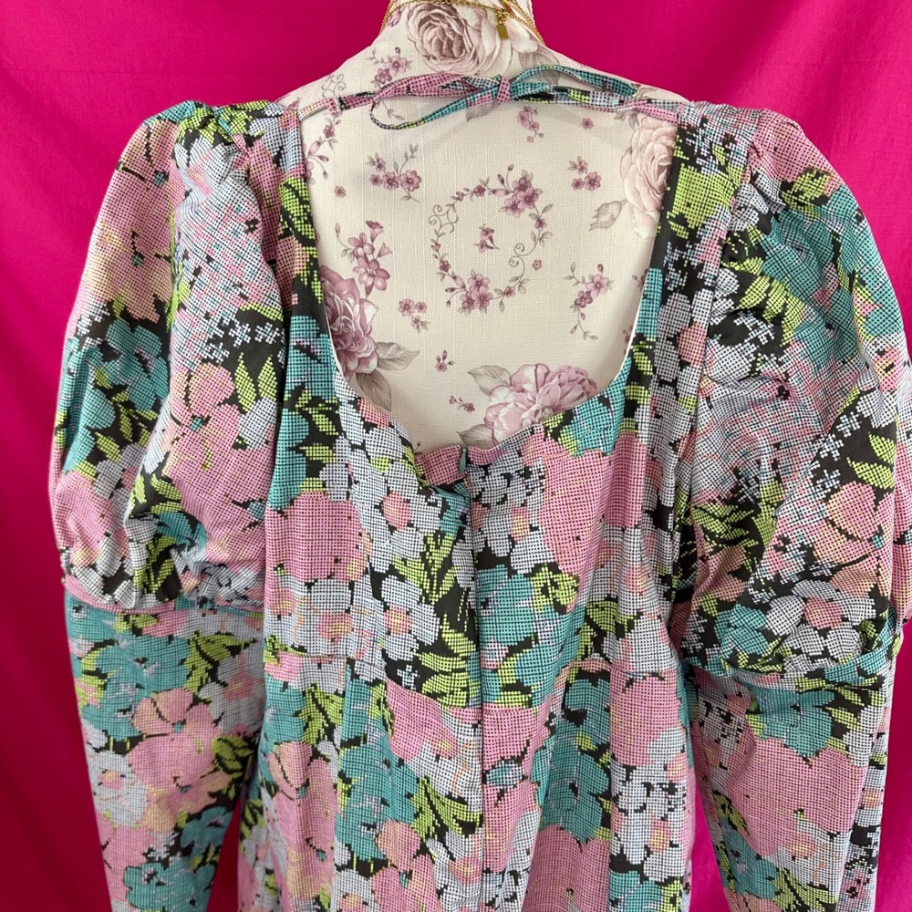 ASOS Curve Puff Sleeve Floral Mini Dress Plus Size 22 Long Sleeve Open Back Tie - Picture 5 of 14